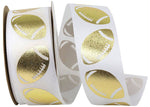 Load image into Gallery viewer, Footballs Tossed Satin Cooler Ribbon –- White / Gold Color -- 1⅜" x 25 Yards