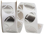 Load image into Gallery viewer, Footballs Tossed Satin Cooler Ribbon –- White / Silver Color -- 1⅜" x 25 Yards