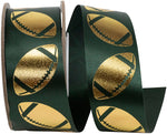 Load image into Gallery viewer, Homecoming Metallic Footballs Cooler Ribbon –- Hunter Green / Gold Color -- 1⅜" x 25 Yards