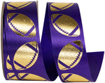 Load image into Gallery viewer, Homecoming Metallic Footballs Cooler Ribbon –- Purple / Gold Color -- 1⅜" x 25 Yards