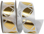 Load image into Gallery viewer, Homecoming Metallic Footballs Cooler Ribbon –- White / Gold Color -- 1⅜" x 25 Yards