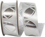 Load image into Gallery viewer, Homecoming Metallic Footballs Cooler Ribbon –- White / Silver Color -- 1⅜" x 25 Yards