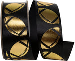 Load image into Gallery viewer, Homecoming Metallic Footballs Cooler Ribbon –- Black / Gold Color -- 1⅜" x 25 Yards