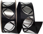 Load image into Gallery viewer, Homecoming Metallic Footballs Cooler Ribbon –- Black / Silver Color -- 1⅜" x 25 Yards