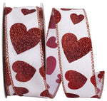 Load image into Gallery viewer, Valentine's Ribbon --- 20 yards --- 1 ½ inches -- Red/White -- Glitter Hearts Taffeta Wired Edge Ribbon