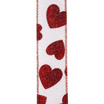 Load image into Gallery viewer, Valentine's Ribbon --- 20 yards --- 1 ½ inches -- Red/White -- Glitter Hearts Taffeta Wired Edge Ribbon