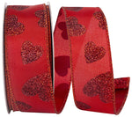 Load image into Gallery viewer, Valentine's Ribbon --- 20 yards --- 1 ½ inches -- Red Glitter Hearts Taffeta Wired Edge Ribbon