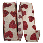 Load image into Gallery viewer, Valentine's Ribbon --- 20 yards --- 1 ½ inch -- Glitter Heart Toss Linen Wired Edge Ribbon