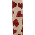 Load image into Gallery viewer, Valentine's Ribbon --- 20 yards --- 1 ½ inch -- Glitter Heart Toss Linen Wired Edge Ribbon