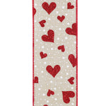 Load image into Gallery viewer, Valentine's Ribbon --- 10 yards --- 2 ½ inches -- Heart Glitter & Dots Linen Wired Edge