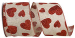 Load image into Gallery viewer, Valentine's Ribbon --- 10 yards --- 2 ½ inch -- Glitter Heart Toss Linen Wired Edge Ribbon