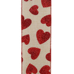 Load image into Gallery viewer, Valentine's Ribbon --- 10 yards --- 2 ½ inch -- Glitter Heart Toss Linen Wired Edge Ribbon
