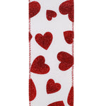 Load image into Gallery viewer, Valentine's Ribbon --- 10 yards --- 2 ½ inches -- Red/White -- Glitter Hearts Taffeta Wired Edge Ribbon