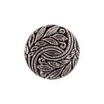 Load image into Gallery viewer, A close-up view of a 15mm silver Fern Nylon button, highlighting the fine texture of the swirled leaf details and polished metallic borders.