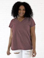 Load image into Gallery viewer, Ladies Curvy (V-Neck) -- Fine Jersey T-shirt -- Sangria Color