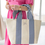 Load image into Gallery viewer, Natural Straw Tote with Navy & White Ribbon Bow