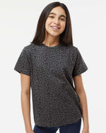 Load image into Gallery viewer, Front view of a young model wearing the Black Leopard Youth Fine Jersey T-Shirt, showcasing the relaxed fit and crew neck styling.