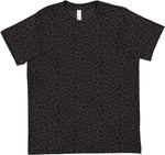 Load image into Gallery viewer, Flat lay front view of a Youth Fine Jersey T-Shirt featuring an all-over dark charcoal and black leopard print pattern with short sleeves and a crew neckline.