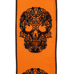 Load image into Gallery viewer, 10 yards --- 4 inch -- Skull Glitter Wired Edge Ribbon, Orange - Black