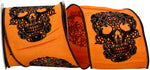 Load image into Gallery viewer, 10 yards --- 4 inch -- Skull Glitter Wired Edge Ribbon, Orange - Black