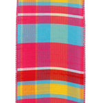 Load image into Gallery viewer, Close-up of 4 inch hot pink and turquoise plaid wired ribbon