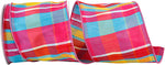 Load image into Gallery viewer, Wide hot pink multicolor plaid dupioni wired ribbon in 4 inch width