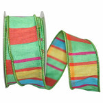 Load image into Gallery viewer, A loose curl of Citrus Life Plaid Wired Edge Ribbon, displaying its vibrant green, orange, yellow, and blue woven plaid pattern and matching green stitched wire edge.