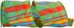 Load image into Gallery viewer, A loose curl of Citrus Life Plaid Wired Edge Ribbon, displaying its vibrant green, orange, yellow, and blue woven plaid pattern and matching green stitched wire edge.