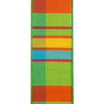 Load image into Gallery viewer, The reverse side of the 100% polyester plaid ribbon, showing the neatly mirrored color bands and clean stitched structure from behind.