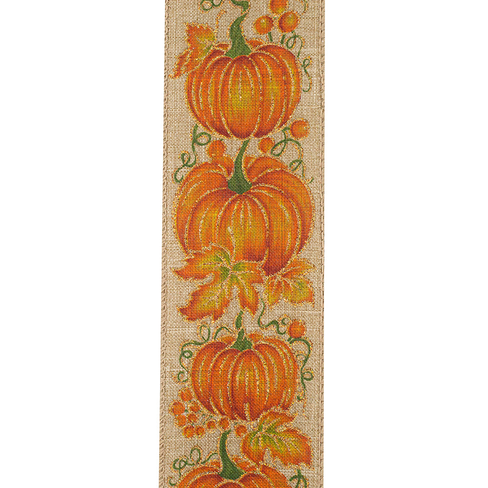 10 yards --- 2 ½ inch --  Pumpkin Row Linen Wired Edge Ribbon, Natural Background