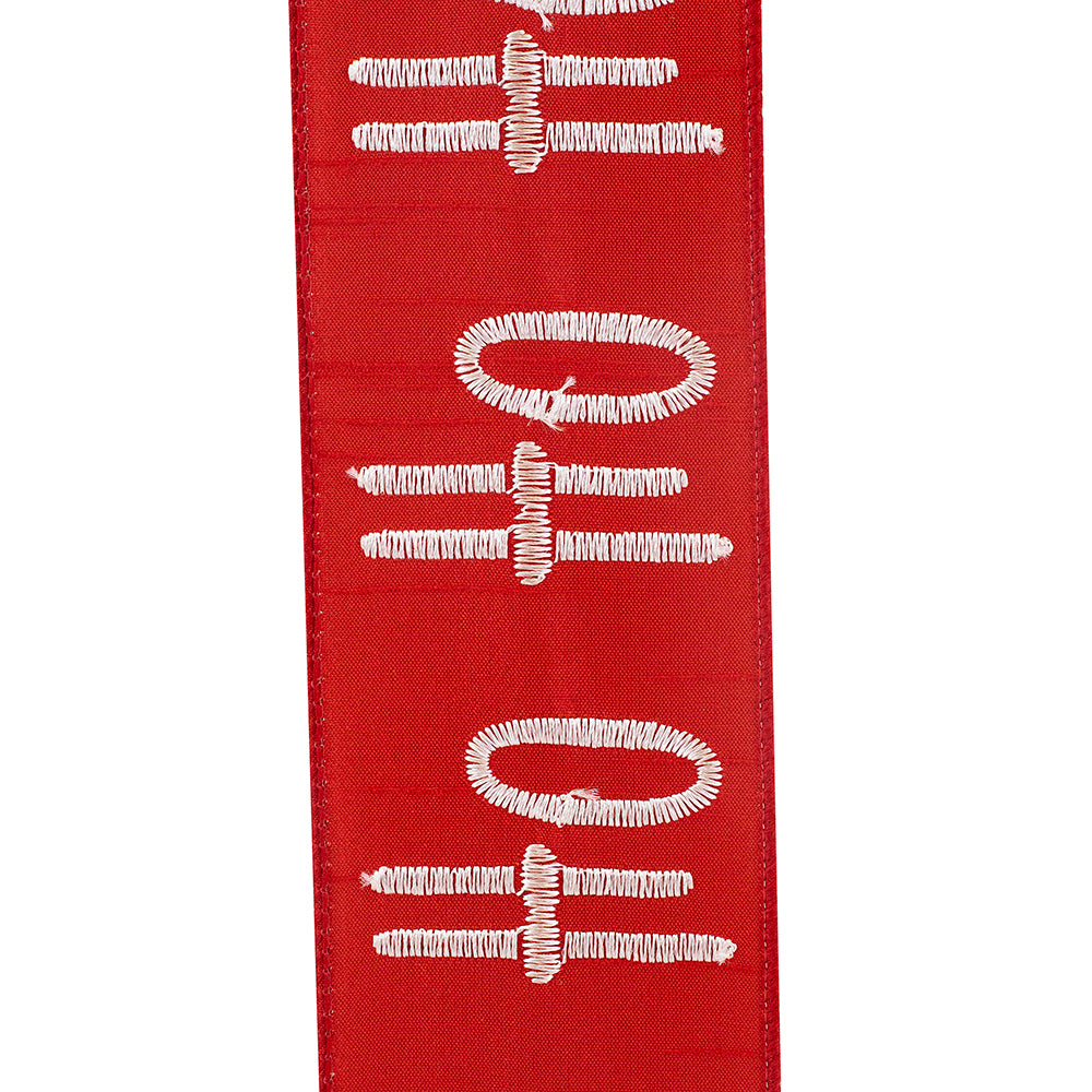 10 yards --- 2 ½ inch --  Ho Ho Ho Embroidered Dupioni (Red & White) Wired Edge Ribbon