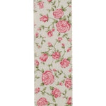 Load image into Gallery viewer, Close-up front view of ivory hopsack wired edge ribbon featuring classic pink rose motif and green vines