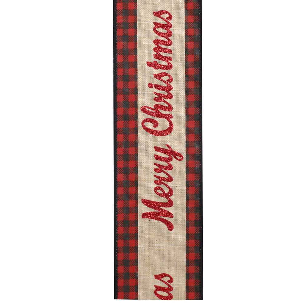 10 yards --- 2 ½ inch -- "MERRY CHRISTMAS" Glitter Gingham Wired Edge Ribbon (Red & Natural)