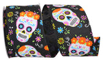 Load image into Gallery viewer, 10 yards --- 2 ½ inch -- "Day of the Dead" -- Bright Skulls Wired Edge Ribbon, Black