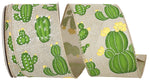 Load image into Gallery viewer, A full roll of 2.5 inch Cactus With Flowers Linen Wired Edge Ribbon showing green desert cacti and yellow blossoms printed on a textured natural linen base.