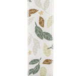 Load image into Gallery viewer, Close-up front view of the 1.5" Leaf Natural Texture ribbon highlighting the detailed sage and harvest-brown leaf outlines, small floral motifs, and a wired stitched edge.