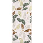 Load image into Gallery viewer, Close-up front view of the Leaf Natural Texture ribbon highlighting the detailed sage and harvest-brown leaf outlines, small floral motifs, and a wired stitched edge.
