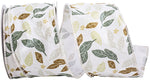 Load image into Gallery viewer, A full roll of 2.5 inch Leaf Natural Texture Wired Edge Ribbon showing an autumn design of multi-toned green and brown leaves printed on a plush cream velvety surface.