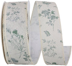 Load image into Gallery viewer, A full spool of 1.5 inch Dainty Floral Impressions Linen Ribbon featuring faint green botanical branches and soft flower silhouettes printed on a natural cream fabric base.