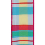 Load image into Gallery viewer, Close-up of multicolor plaid 2-1/2 inch wired ribbon with hot pink edge