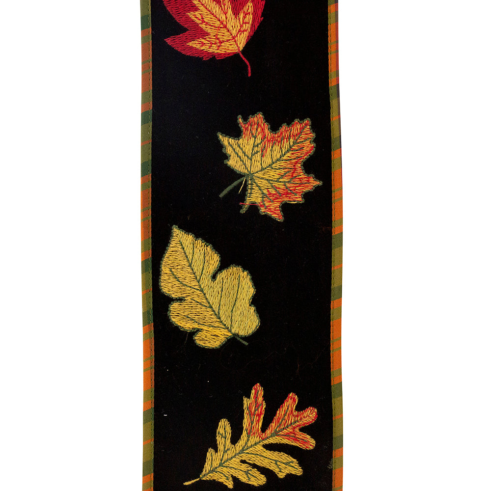 5 yards --- 4 inch -- Deluxe Leaves Embroidered Velvet with Plaid Back Wired Edge Ribbon