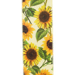 Load image into Gallery viewer, Close-up front view of the Sunflowers Spray ribbon highlighting the vibrant yellow petals, dark centers, rich green leaves, and the wire-reinforced edge.