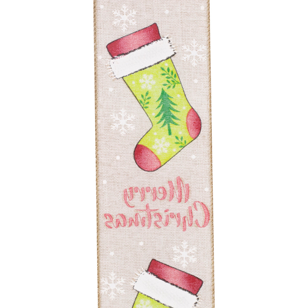10 yards --- 2 ½ inch -- Stocking "MERRY CHRISTMAS" Linen - Wired Edge Ribbon