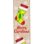 Load image into Gallery viewer, 10 yards --- 2 ½ inch -- Stocking &quot;MERRY CHRISTMAS&quot; Linen - Wired Edge Ribbon
