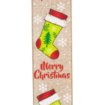 Load image into Gallery viewer, 10 yards --- 2 ½ inch -- Stocking "MERRY CHRISTMAS" Linen - Wired Edge Ribbon