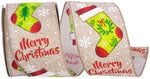 Load image into Gallery viewer, 10 yards --- 2 ½ inch -- Stocking "MERRY CHRISTMAS" Linen - Wired Edge Ribbon