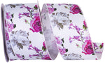Load image into Gallery viewer, A full roll of 2.5 inch Cabbage Rose Reality Wired Edge Ribbon showcasing realistic fuchsia and white rose blooms printed on a crisp white backdrop with stitched edges.