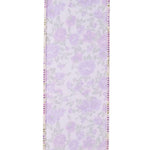 Load image into Gallery viewer, The reverse side of the 100% polyester calico ribbon, displaying the softer, semi-translucent silhouette of the purple floral pattern through the textile backing.