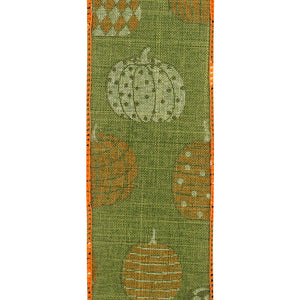 10 yards --- 2 ½ inch --  Pumpkin Fun--- Moss Colored Linen Background Wired Edge Ribbon