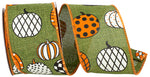 Load image into Gallery viewer, 10 yards --- 2 ½ inch --  Pumpkin Fun--- Moss Colored Linen Background Wired Edge Ribbon

